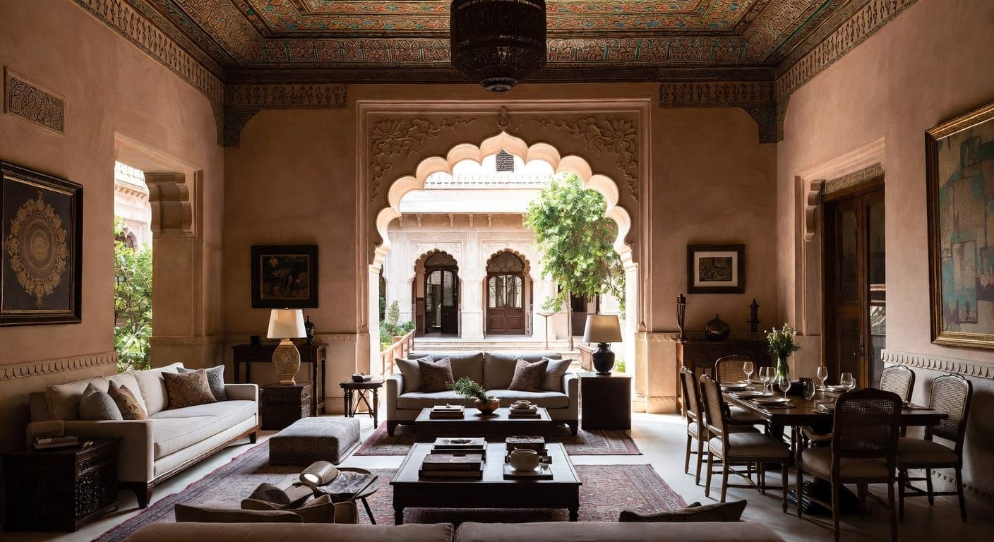 Indian outdoor space interior design - featuring indian style furniture, decor, colors, and layout ideas for your outdoor space