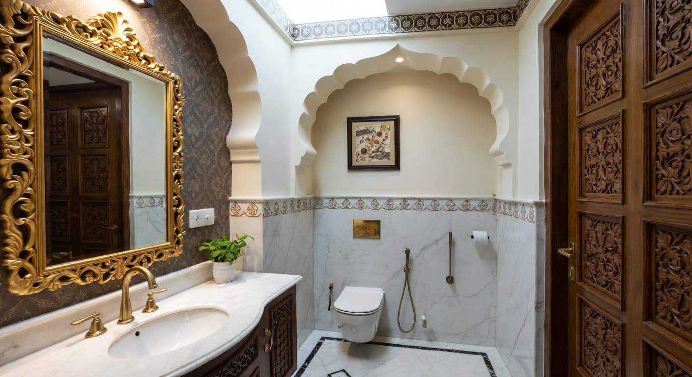 Indian powder room interior design - featuring indian style furniture, decor, colors, and layout ideas for your powder room