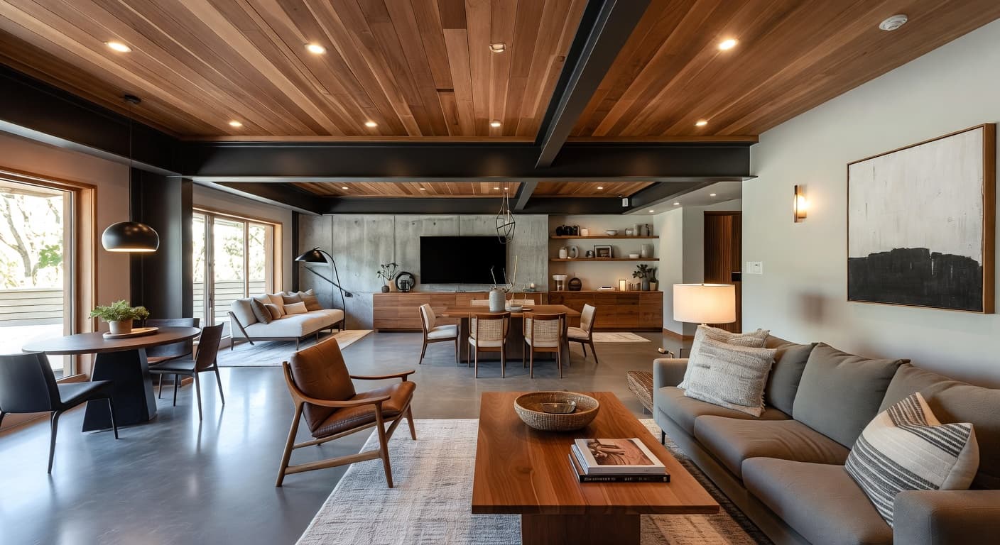 Japandi basement interior design - featuring japandi style furniture, decor, colors, and layout ideas for your basement