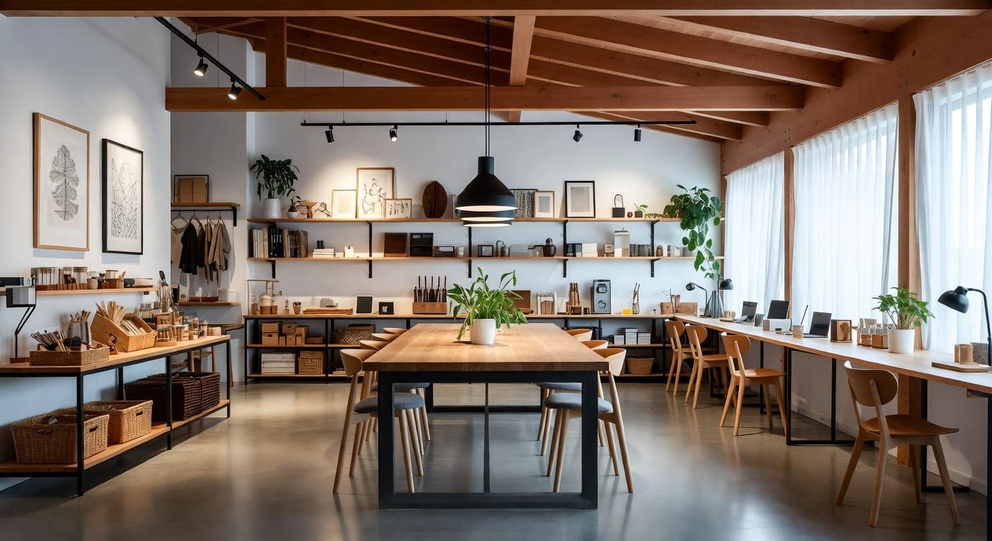 Japandi craft room / studio interior design - featuring japandi style furniture, decor, colors, and layout ideas for your craft room / studio