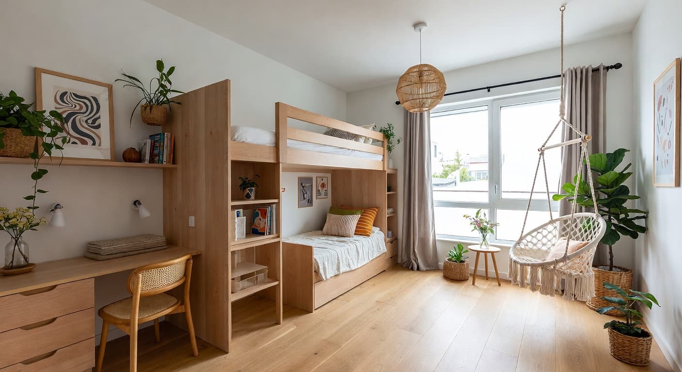 Japandi kids room interior design - featuring japandi style furniture, decor, colors, and layout ideas for your kids room