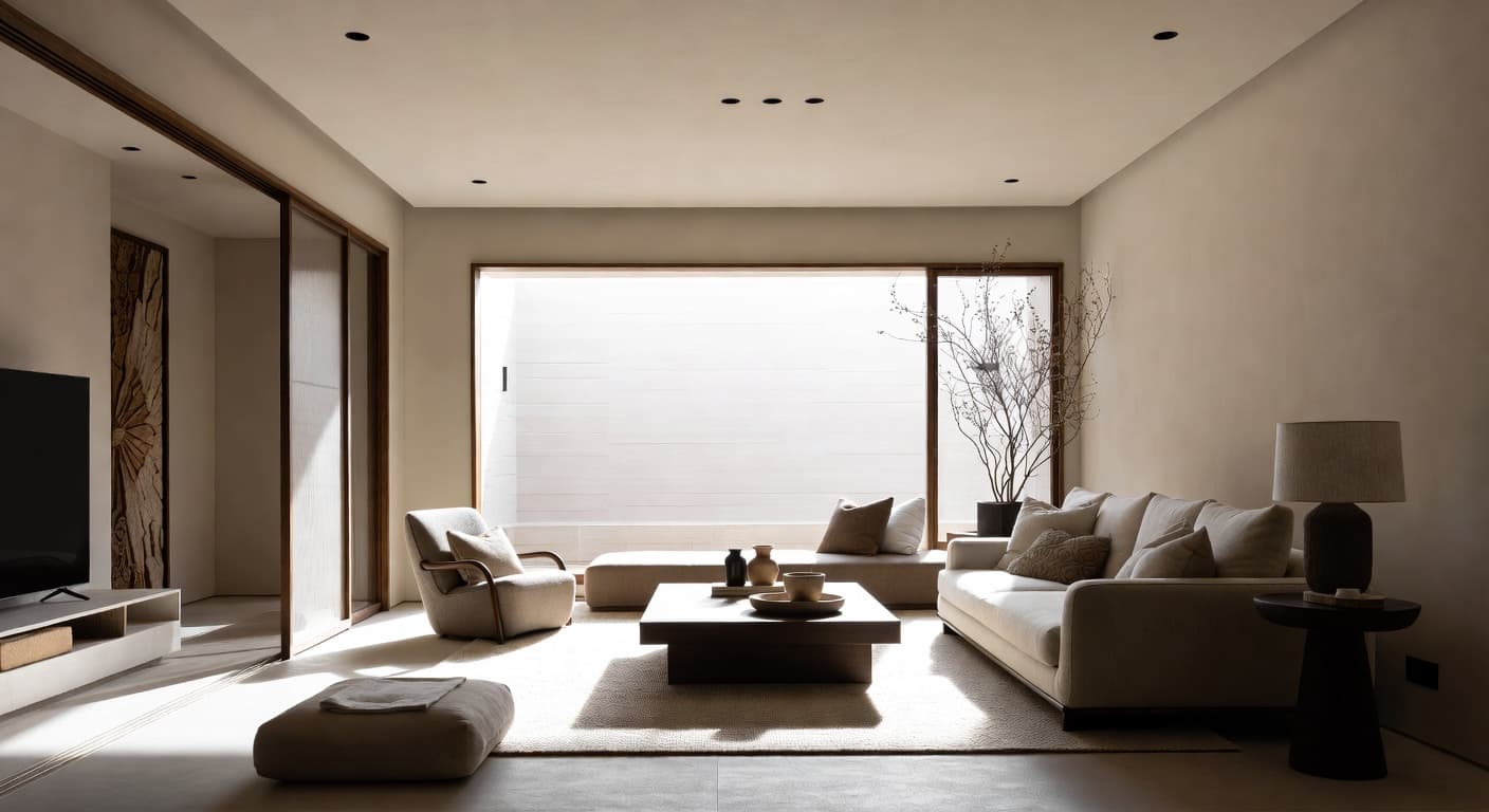 Japandi meditation space interior design - featuring japandi style furniture, decor, colors, and layout ideas for your meditation space