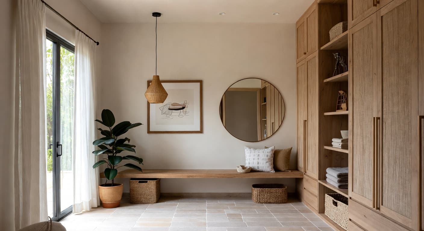 Japandi mudroom interior design - featuring japandi style furniture, decor, colors, and layout ideas for your mudroom