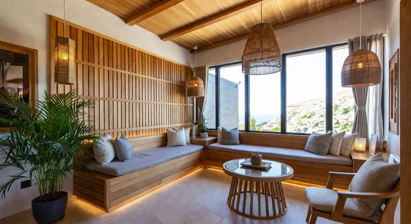 Japandi sauna / spa room interior design - featuring japandi style furniture, decor, colors, and layout ideas for your sauna / spa room