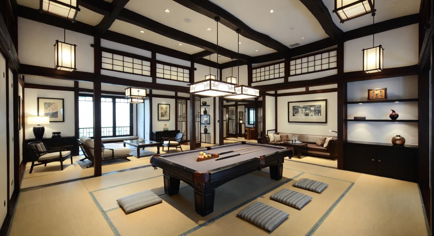 Japanese billiards room interior design - featuring japanese style furniture, decor, colors, and layout ideas for your billiards room