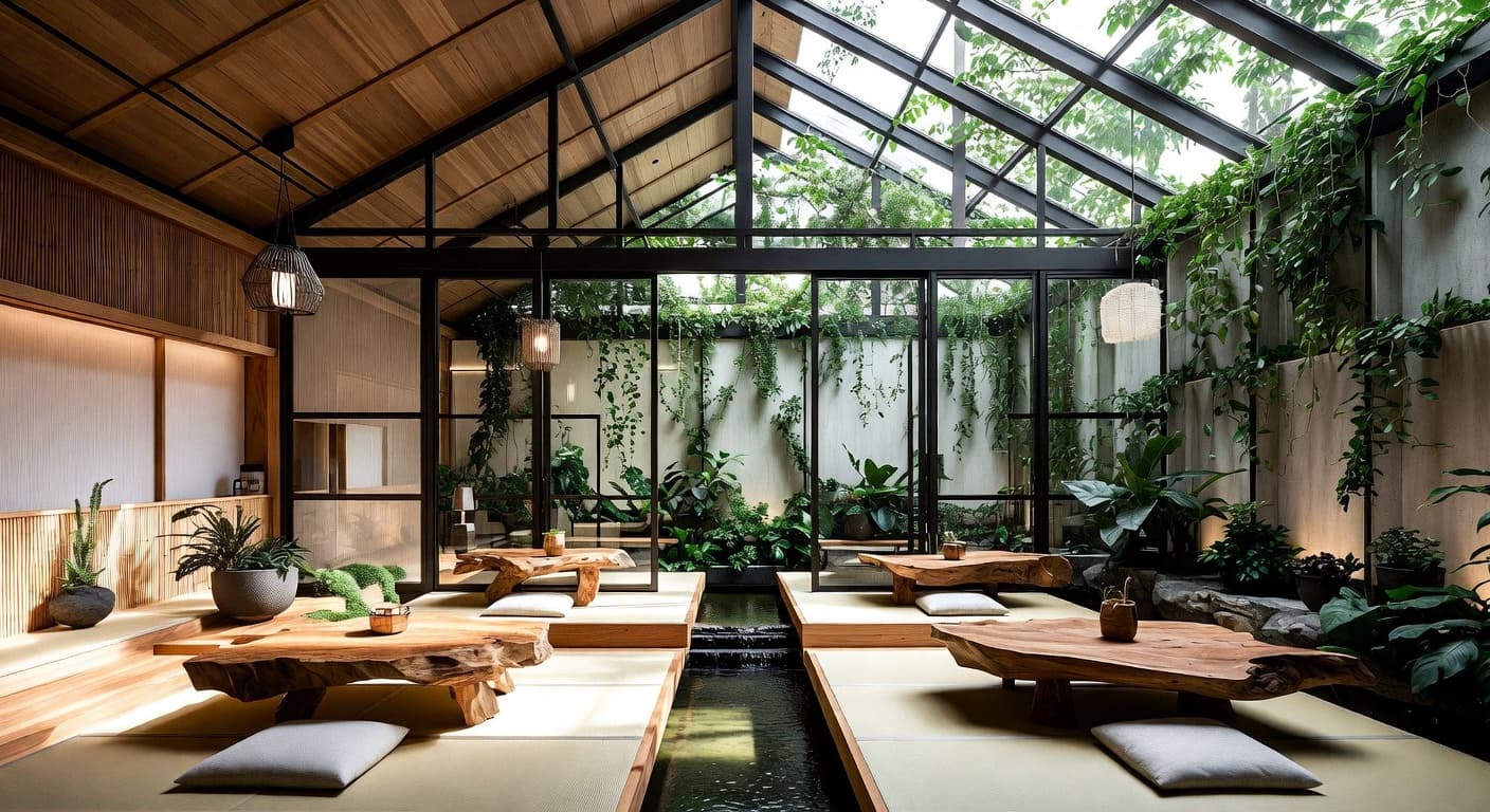 Japanese greenhouse interior design - featuring japanese style furniture, decor, colors, and layout ideas for your greenhouse