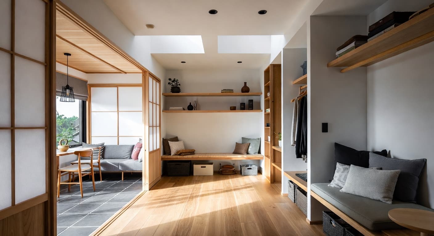 Japanese mudroom interior design - featuring japanese style furniture, decor, colors, and layout ideas for your mudroom