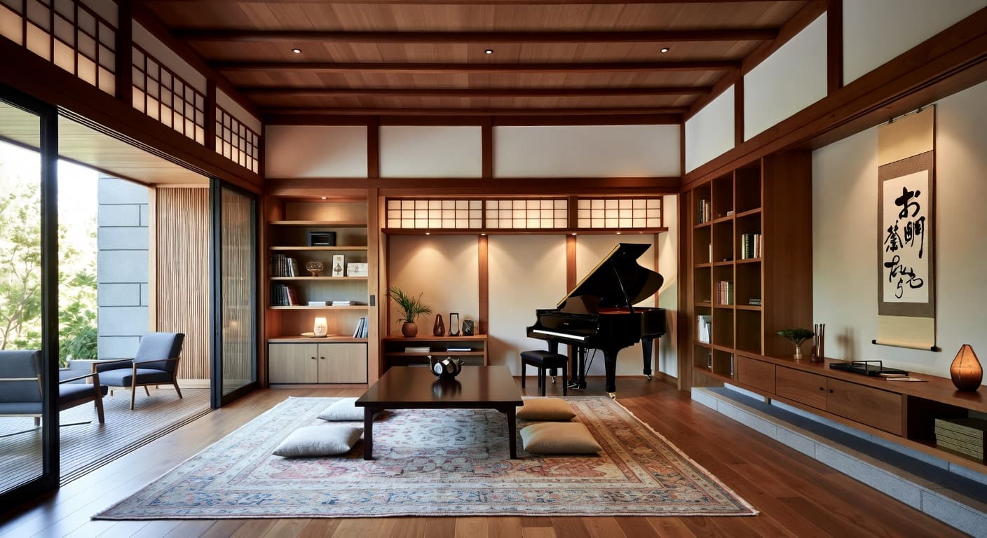 Japanese music room interior design - featuring japanese style furniture, decor, colors, and layout ideas for your music room