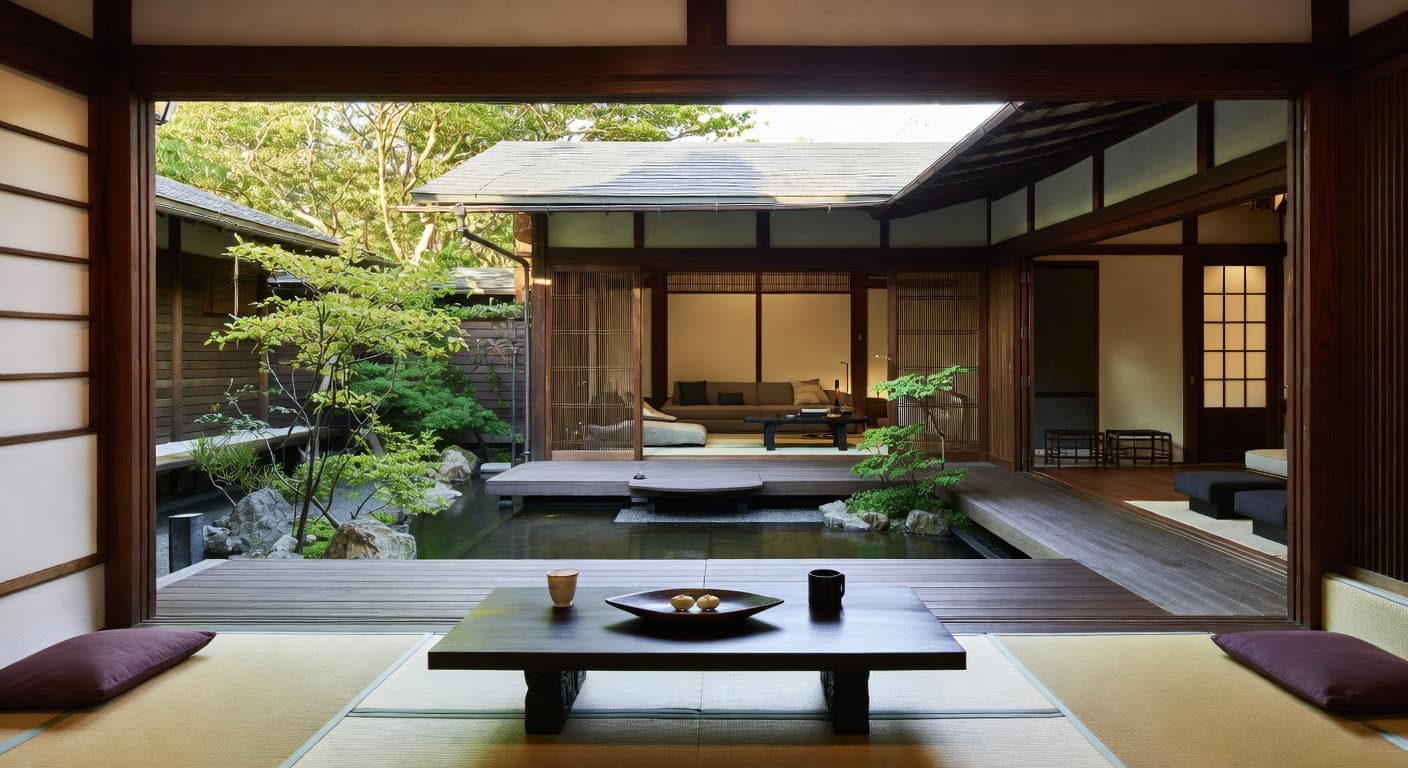 Japanese outdoor space interior design - featuring japanese style furniture, decor, colors, and layout ideas for your outdoor space