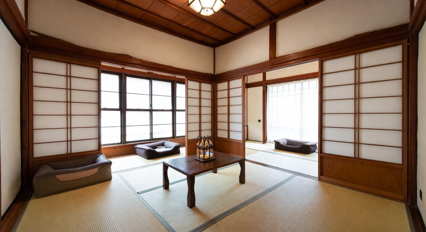 Japanese pet room interior design - featuring japanese style furniture, decor, colors, and layout ideas for your pet room