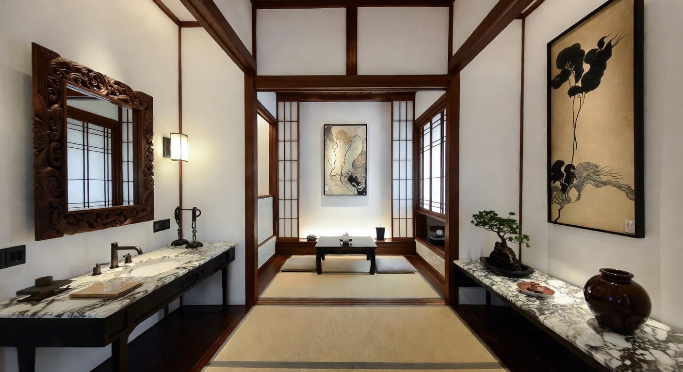 Japanese powder room interior design - featuring japanese style furniture, decor, colors, and layout ideas for your powder room
