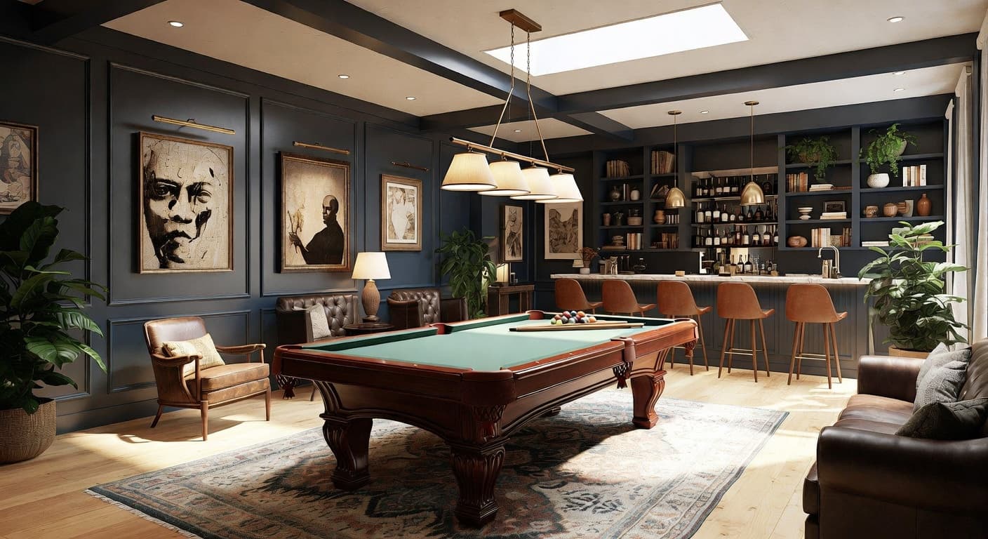 Kinfolk billiards room interior design - featuring kinfolk style furniture, decor, colors, and layout ideas for your billiards room
