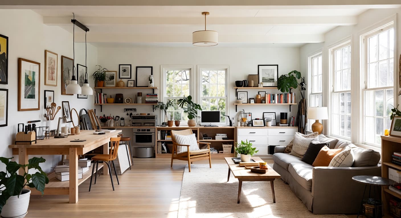 Kinfolk craft room / studio interior design - featuring kinfolk style furniture, decor, colors, and layout ideas for your craft room / studio