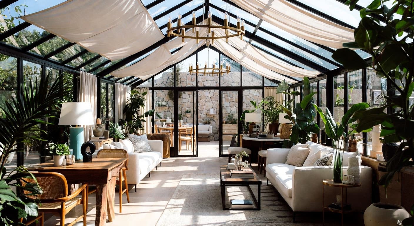 Kinfolk greenhouse interior design - featuring kinfolk style furniture, decor, colors, and layout ideas for your greenhouse