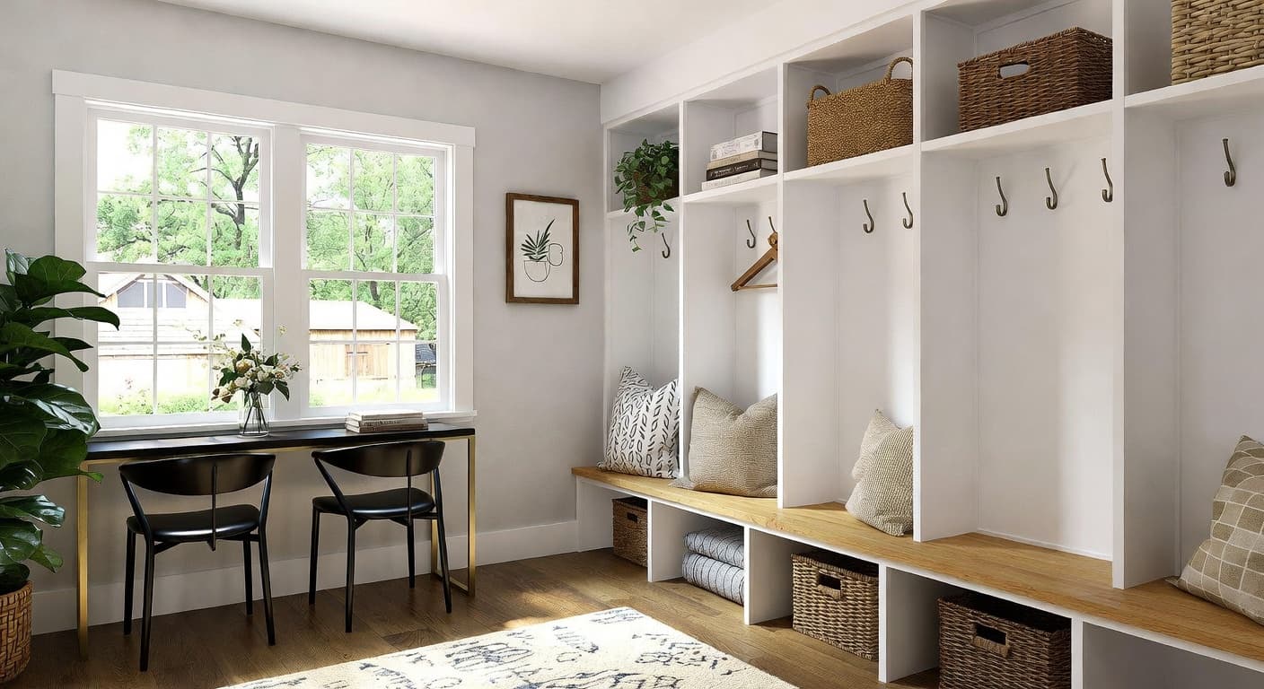 Kinfolk mudroom interior design - featuring kinfolk style furniture, decor, colors, and layout ideas for your mudroom