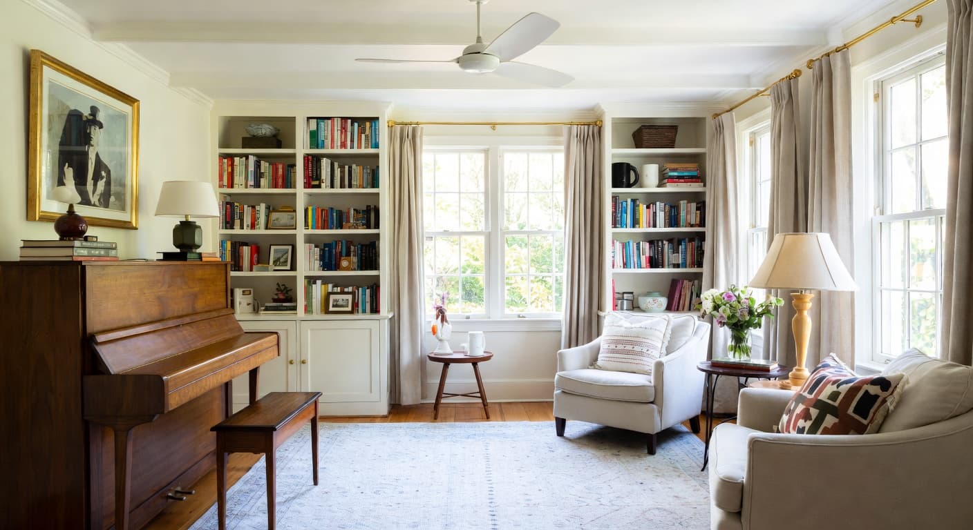 Kinfolk music room interior design - featuring kinfolk style furniture, decor, colors, and layout ideas for your music room