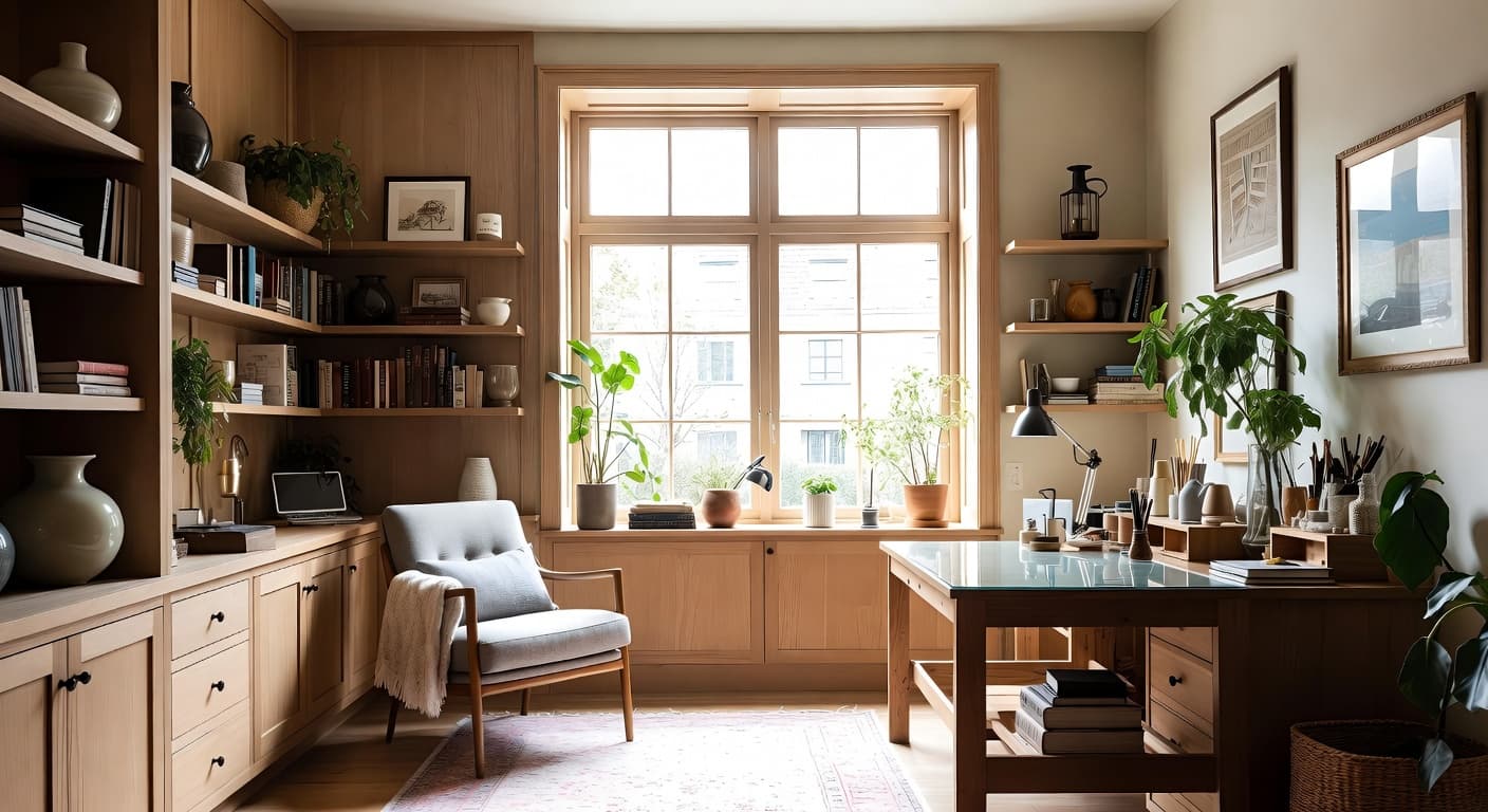 Light Academia craft room / studio interior design - featuring light academia style furniture, decor, colors, and layout ideas for your craft room / studio