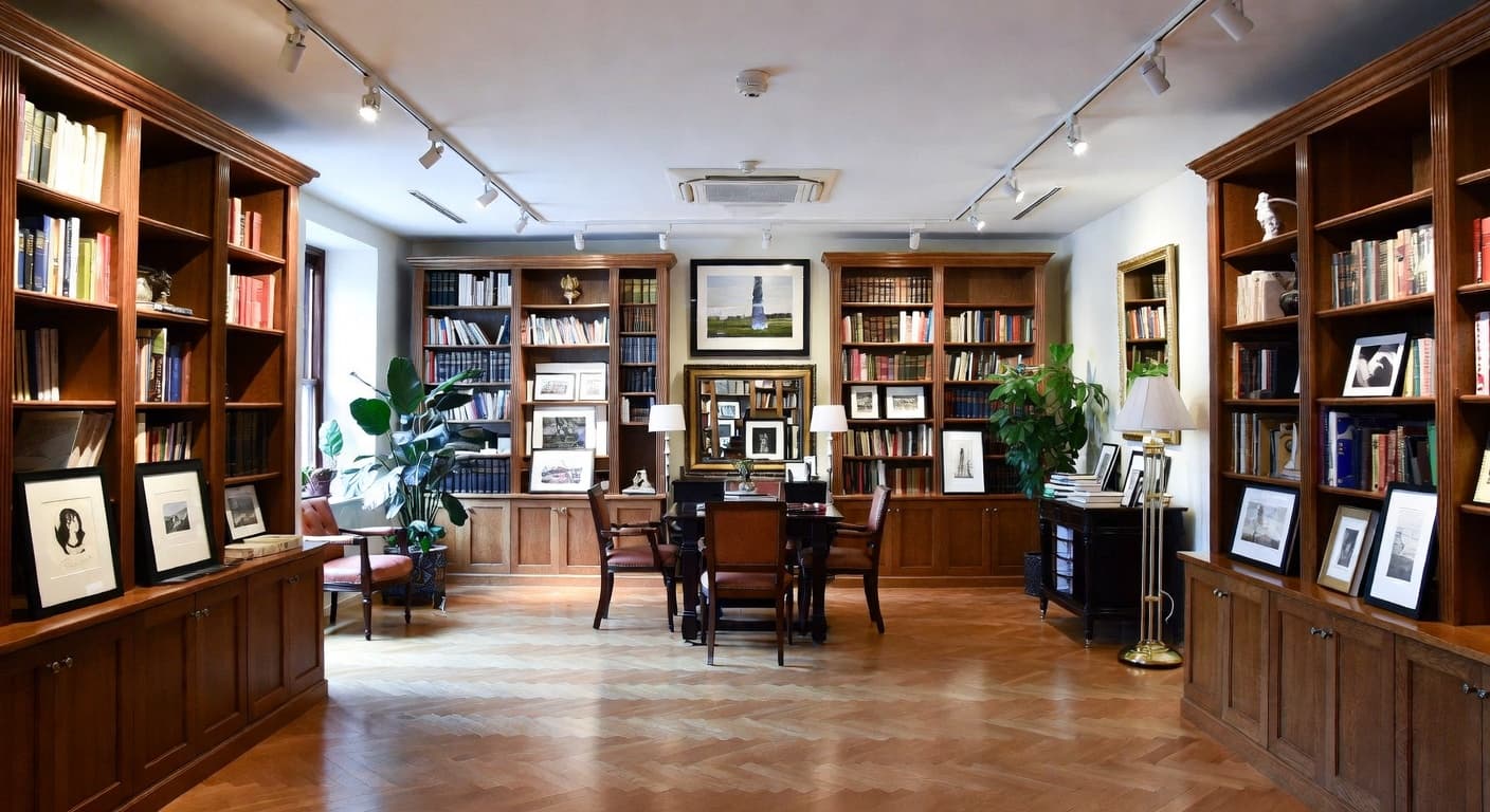 Light Academia gallery / art display interior design - featuring light academia style furniture, decor, colors, and layout ideas for your gallery / art display