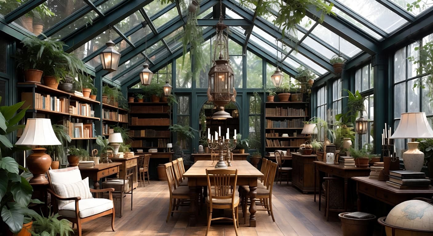 Light Academia greenhouse interior design - featuring light academia style furniture, decor, colors, and layout ideas for your greenhouse
