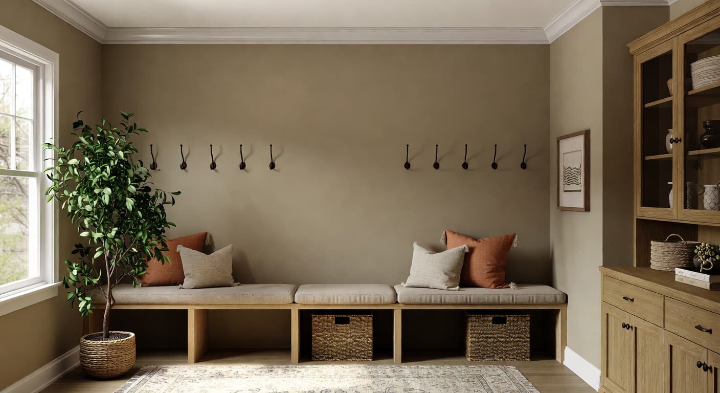 Light Academia mudroom interior design - featuring light academia style furniture, decor, colors, and layout ideas for your mudroom