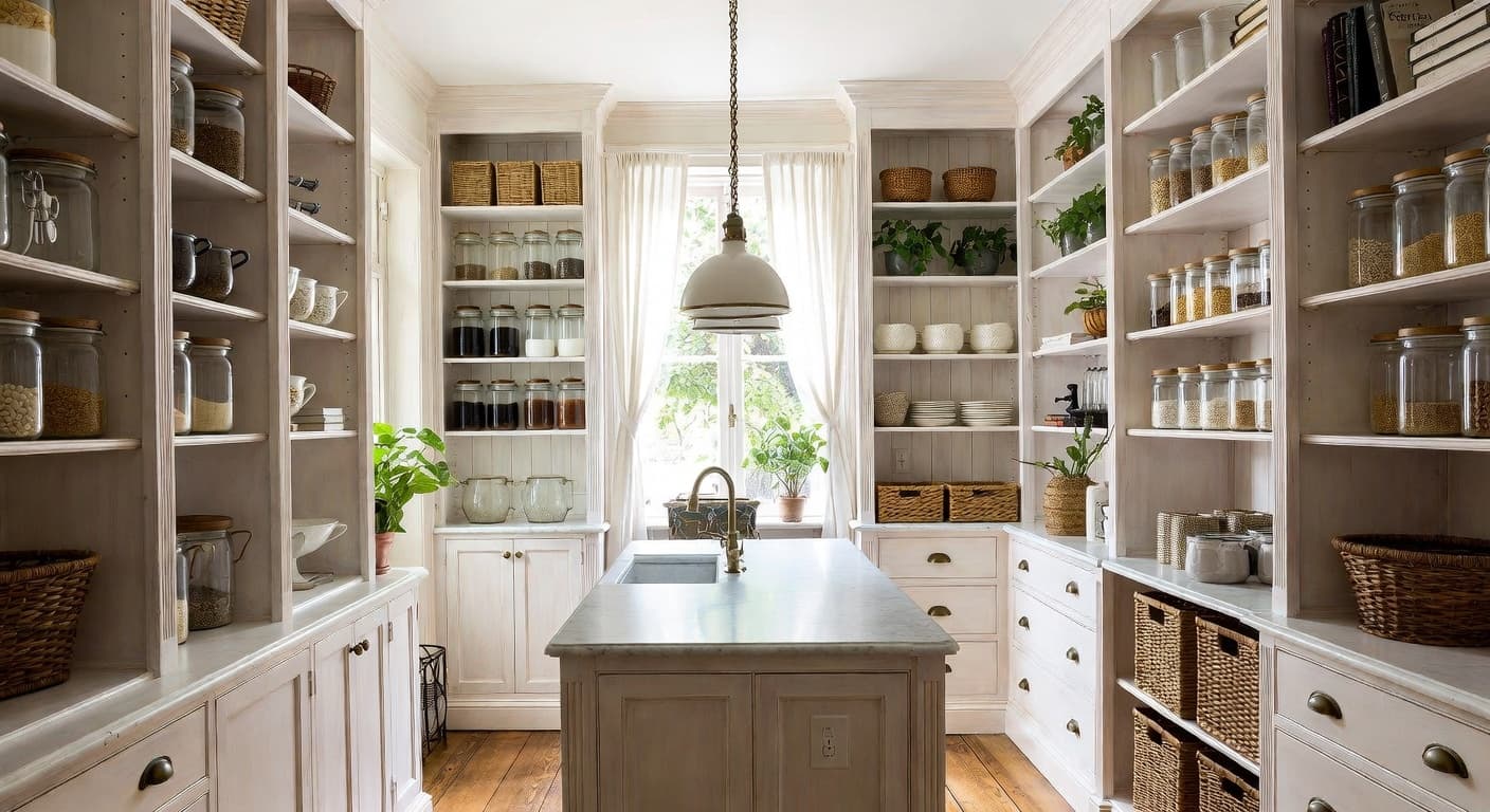 Light Academia pantry interior design - featuring light academia style furniture, decor, colors, and layout ideas for your pantry