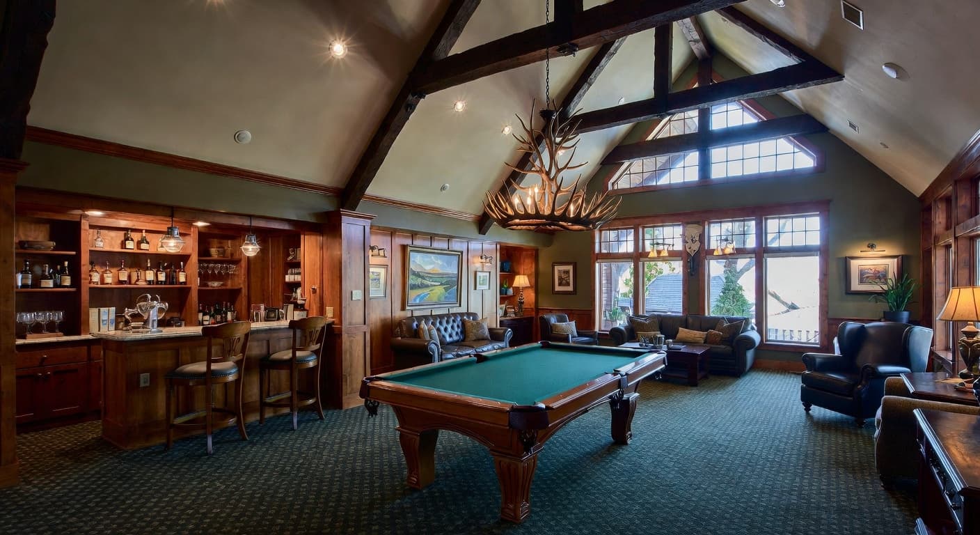 Lodge billiards room interior design - featuring lodge style furniture, decor, colors, and layout ideas for your billiards room