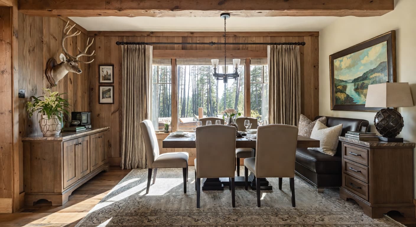 Lodge breakfast nook interior design - featuring lodge style furniture, decor, colors, and layout ideas for your breakfast nook