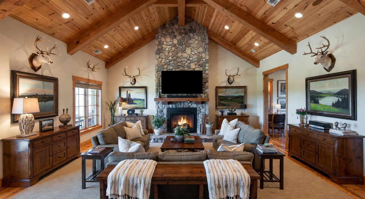 Lodge game room interior design - featuring lodge style furniture, decor, colors, and layout ideas for your game room