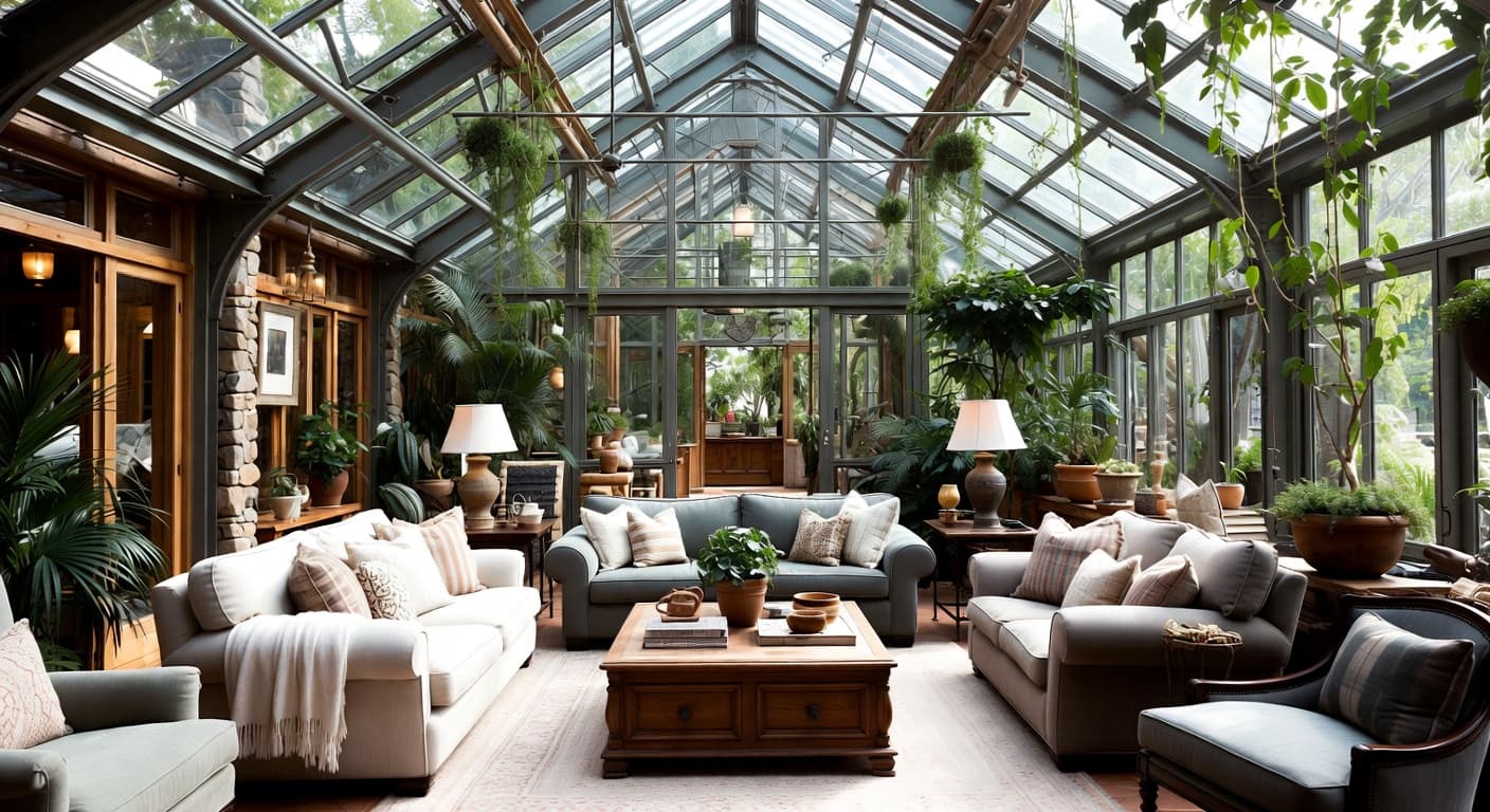 Lodge greenhouse interior design - featuring lodge style furniture, decor, colors, and layout ideas for your greenhouse