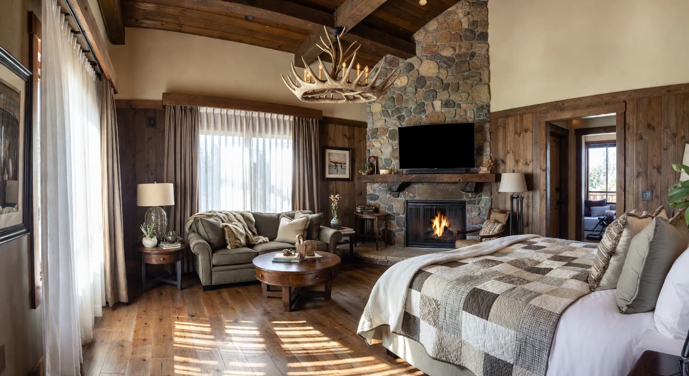 Lodge guest room interior design - featuring lodge style furniture, decor, colors, and layout ideas for your guest room
