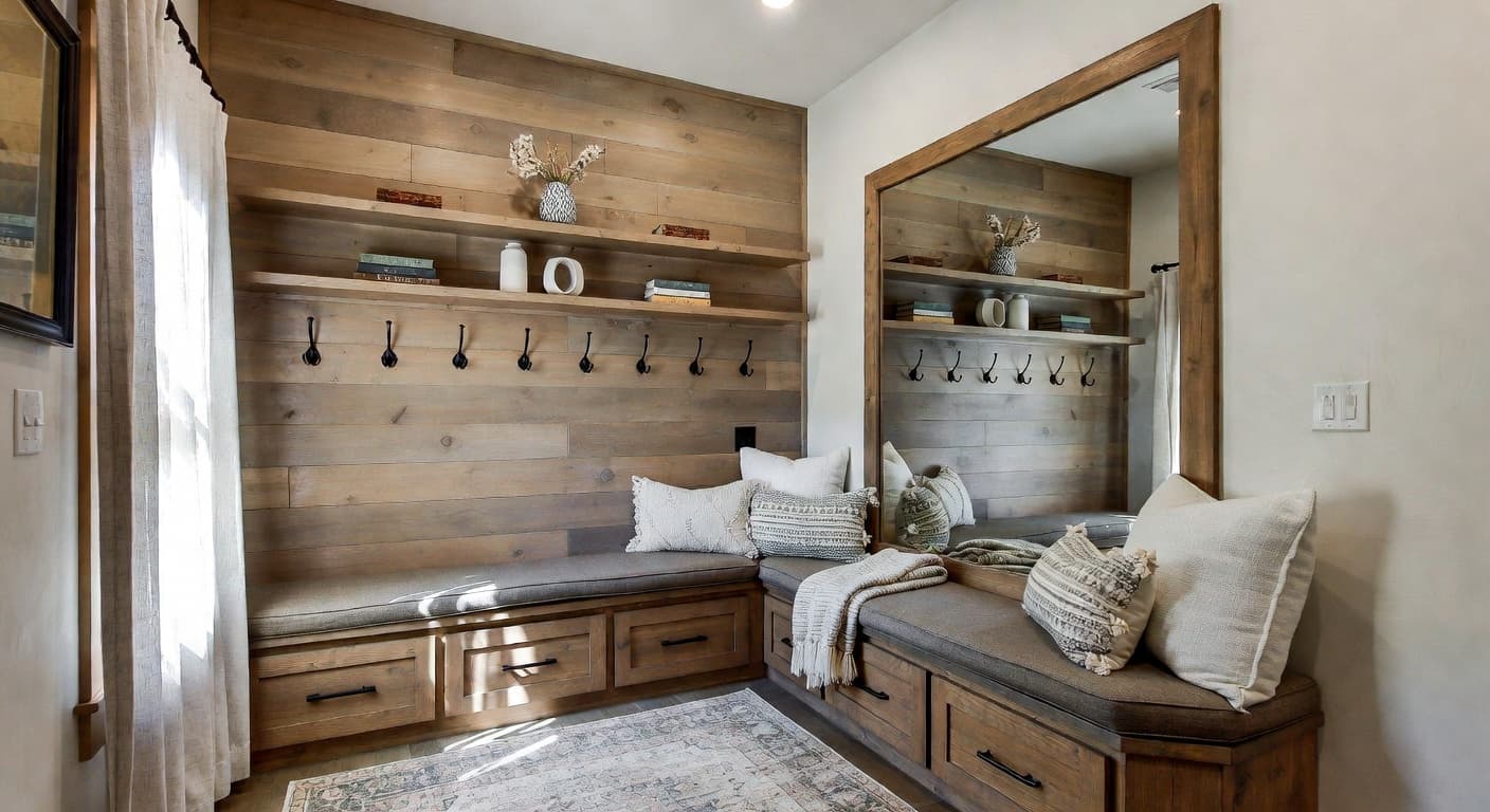 Lodge mudroom interior design - featuring lodge style furniture, decor, colors, and layout ideas for your mudroom