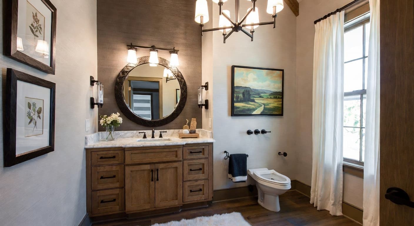 Lodge powder room interior design - featuring lodge style furniture, decor, colors, and layout ideas for your powder room