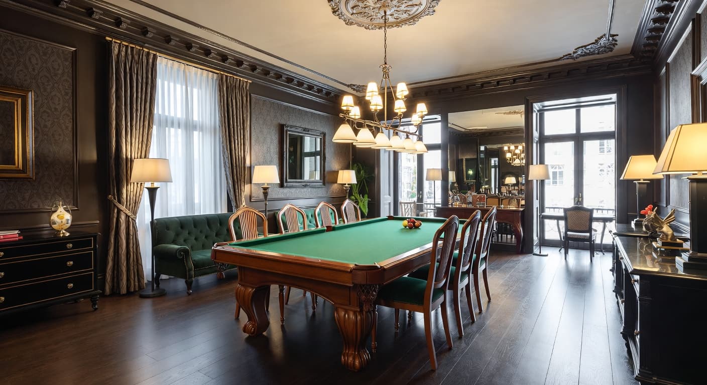 Maximalist billiards room interior design - featuring maximalist style furniture, decor, colors, and layout ideas for your billiards room