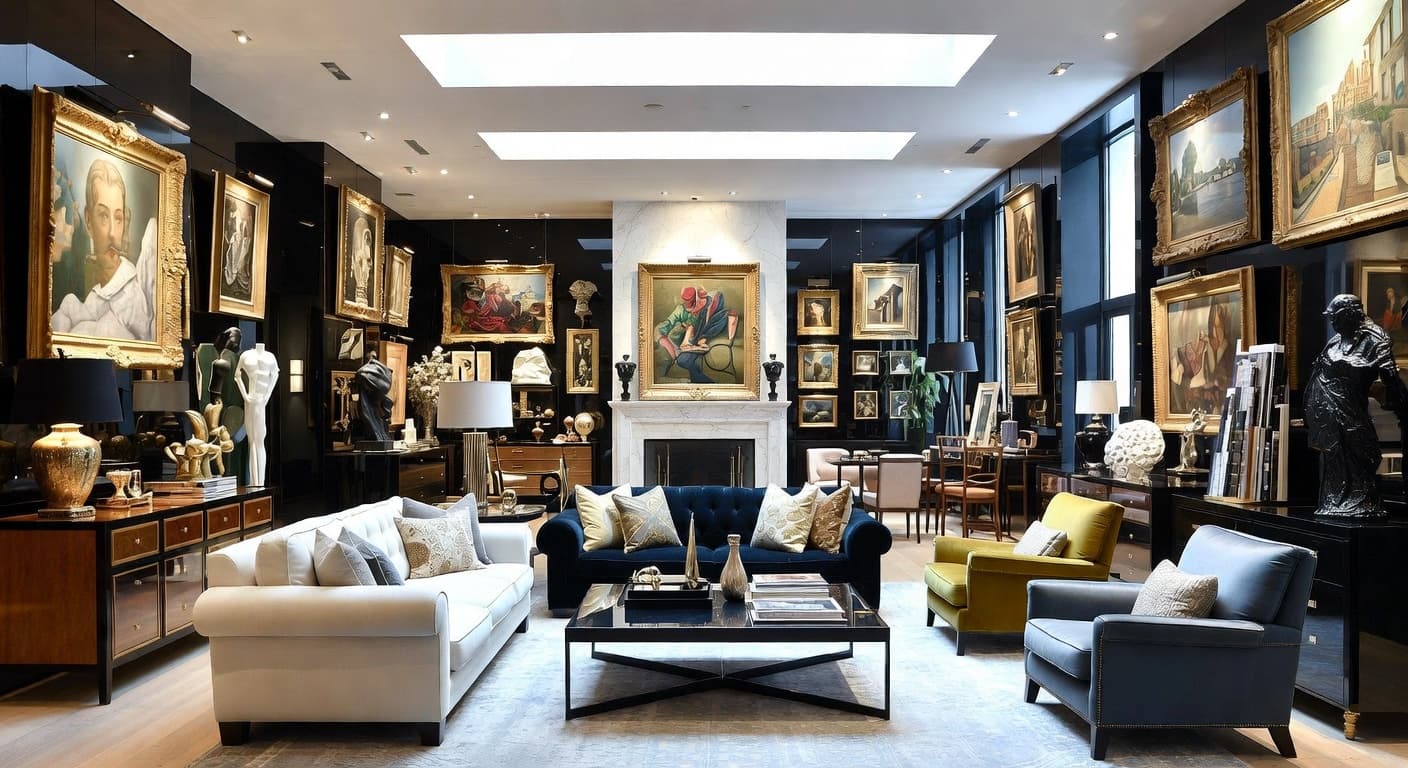 Maximalist gallery / art display interior design - featuring maximalist style furniture, decor, colors, and layout ideas for your gallery / art display