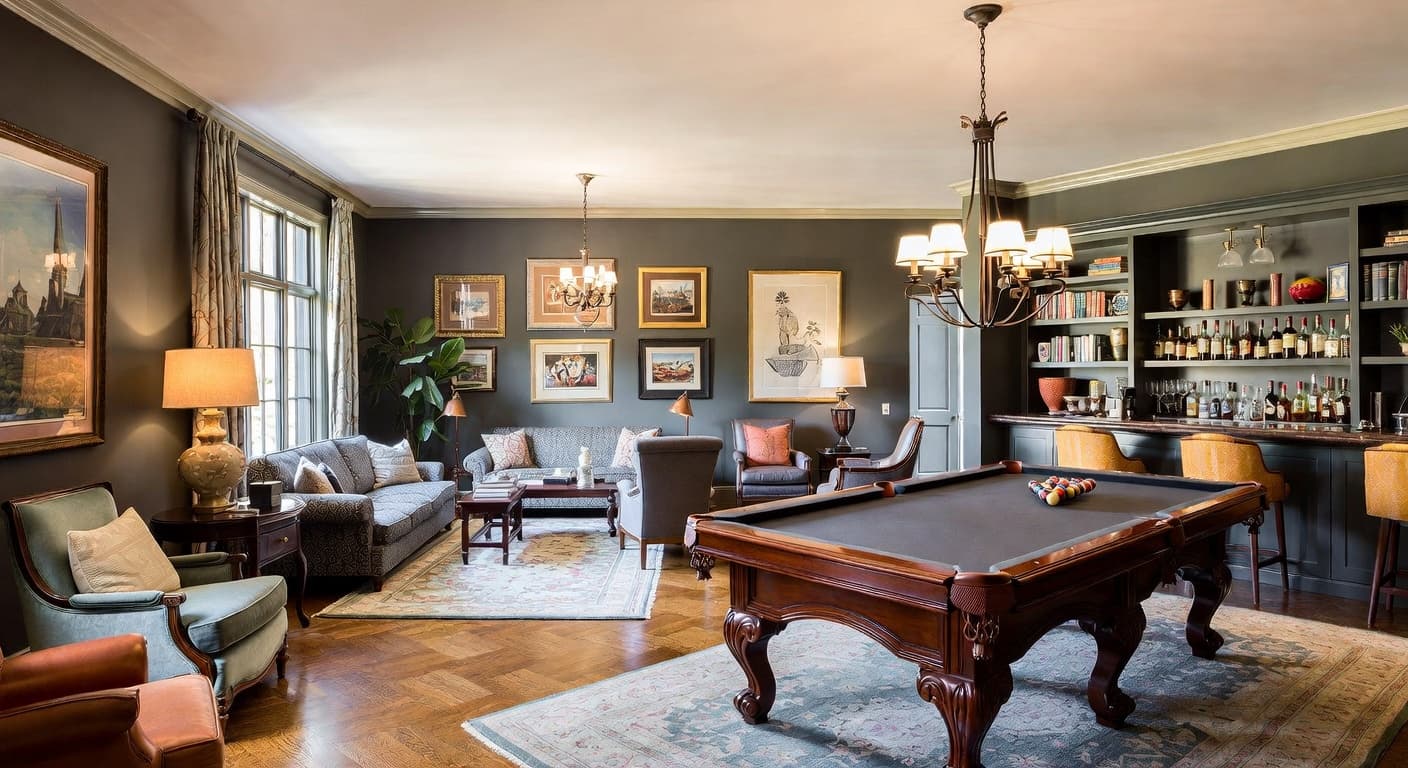 Maximalist game room interior design - featuring maximalist style furniture, decor, colors, and layout ideas for your game room