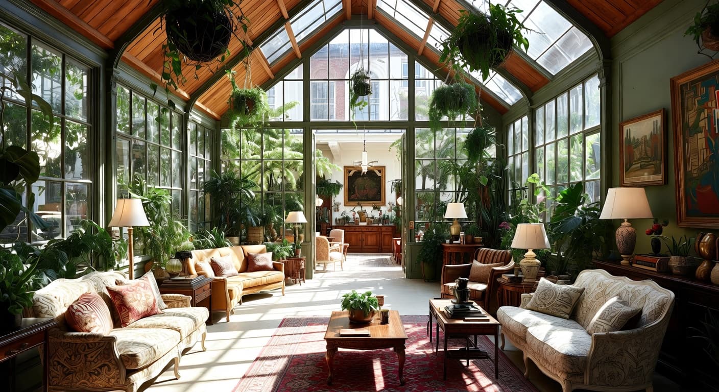 Maximalist greenhouse interior design - featuring maximalist style furniture, decor, colors, and layout ideas for your greenhouse