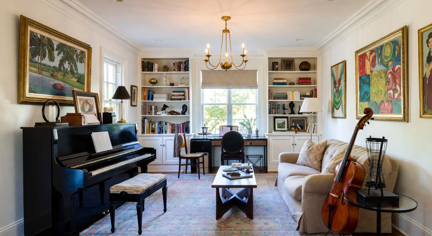 Maximalist music room interior design - featuring maximalist style furniture, decor, colors, and layout ideas for your music room