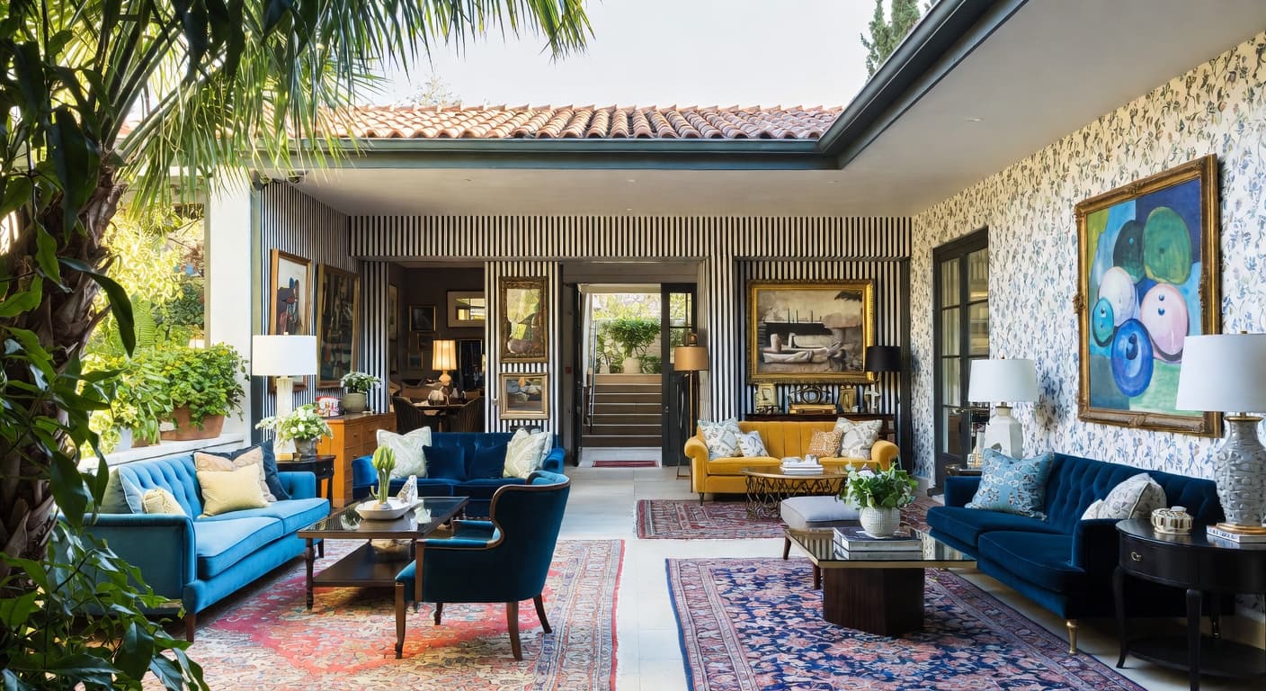 Maximalist outdoor space interior design - featuring maximalist style furniture, decor, colors, and layout ideas for your outdoor space