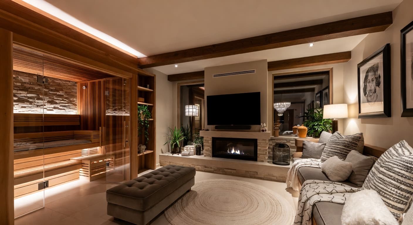 Maximalist sauna / spa room interior design - featuring maximalist style furniture, decor, colors, and layout ideas for your sauna / spa room