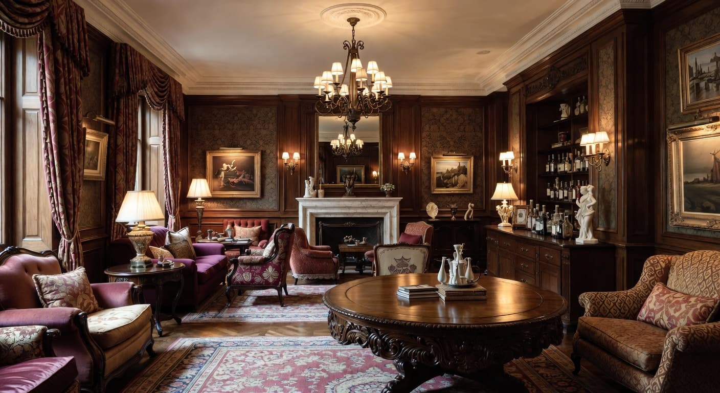 Maximalist smoking room / cigar lounge interior design - featuring maximalist style furniture, decor, colors, and layout ideas for your smoking room / cigar lounge