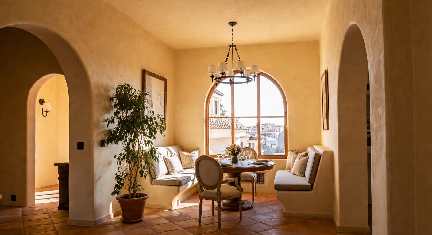 Mediterranean breakfast nook interior design - featuring mediterranean style furniture, decor, colors, and layout ideas for your breakfast nook