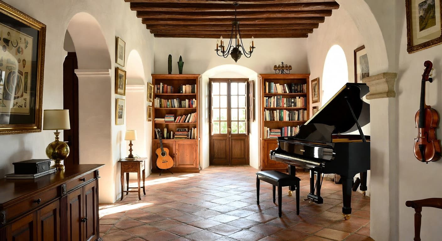 Mediterranean music room interior design - featuring mediterranean style furniture, decor, colors, and layout ideas for your music room