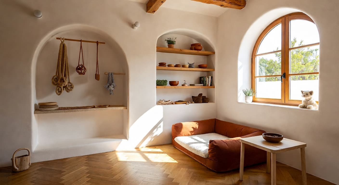 Mediterranean pet room interior design - featuring mediterranean style furniture, decor, colors, and layout ideas for your pet room