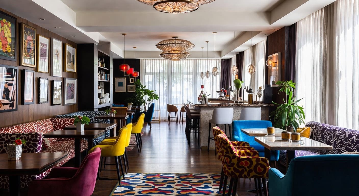 Memphis Design bar room interior design - featuring memphis design style furniture, decor, colors, and layout ideas for your bar room