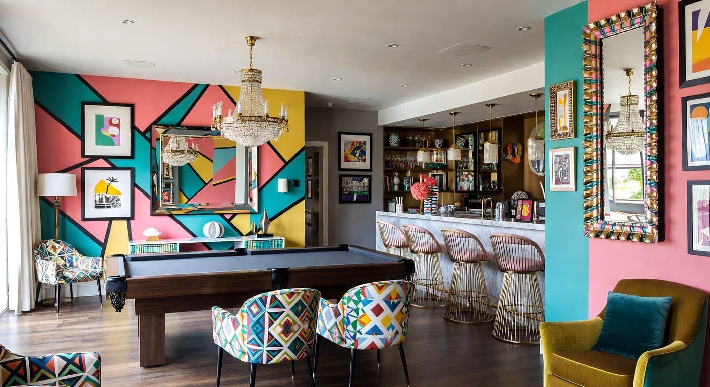 Memphis Design billiards room interior design - featuring memphis design style furniture, decor, colors, and layout ideas for your billiards room