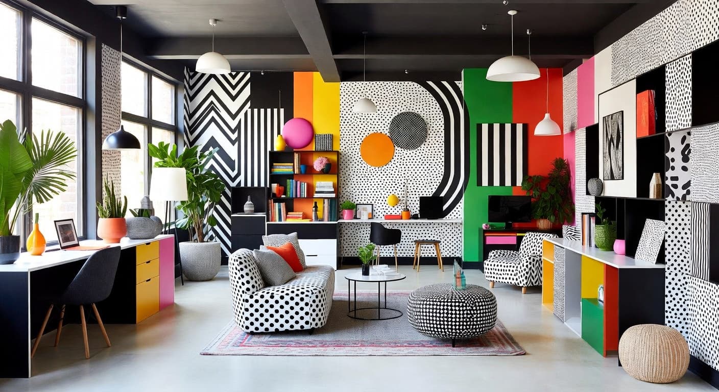 Memphis Design craft room / studio interior design - featuring memphis design style furniture, decor, colors, and layout ideas for your craft room / studio