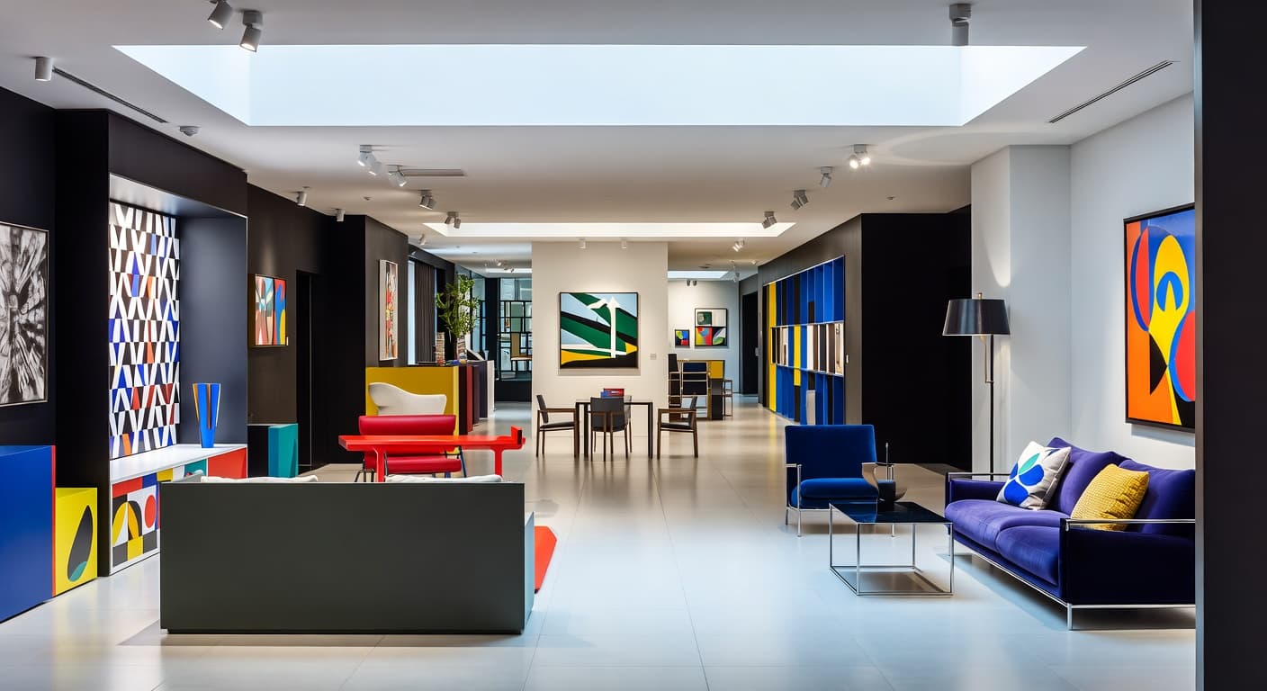 Memphis Design gallery / art display interior design - featuring memphis design style furniture, decor, colors, and layout ideas for your gallery / art display