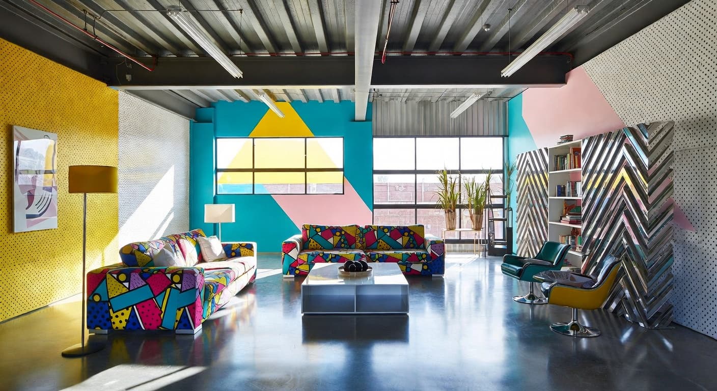 Memphis Design garage interior interior design - featuring memphis design style furniture, decor, colors, and layout ideas for your garage interior