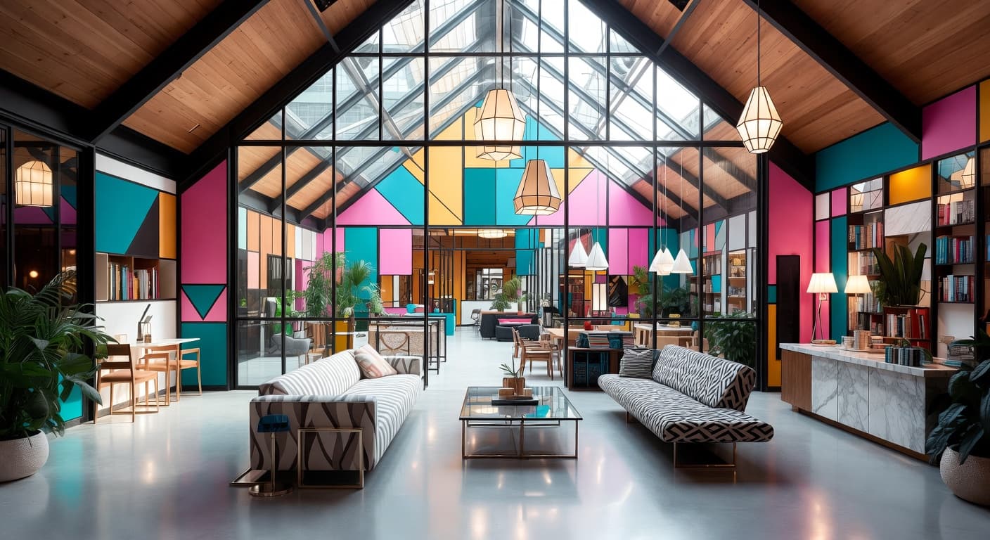 Memphis Design greenhouse interior design - featuring memphis design style furniture, decor, colors, and layout ideas for your greenhouse