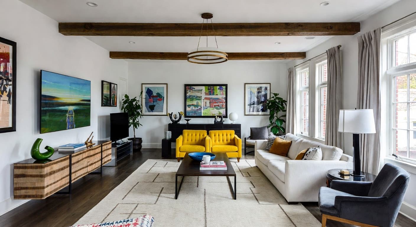 Memphis Design multi-purpose room interior design - featuring memphis design style furniture, decor, colors, and layout ideas for your multi-purpose room